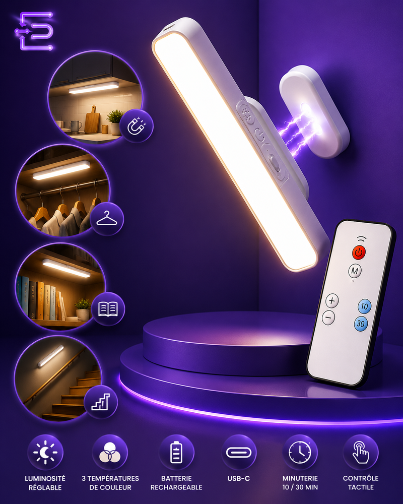 Lampe LED Magnétique Rechargeable avec Télécommande