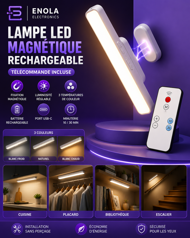 Lampe LED Magnétique Rechargeable avec Télécommande